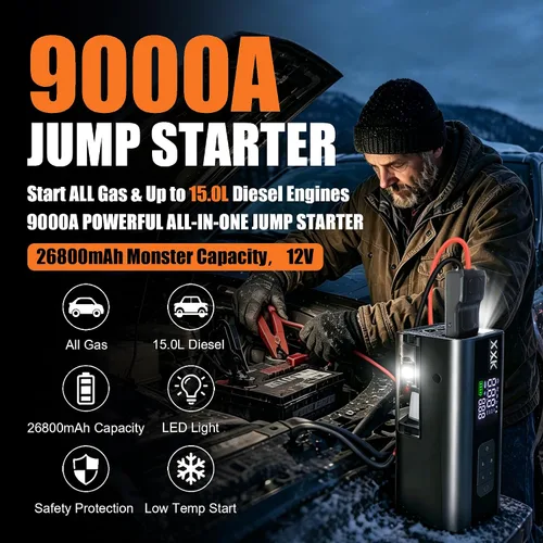 Vista 2 de 9000A Car Jump Starter with Air Compressor, Vacuum & Battery Pack