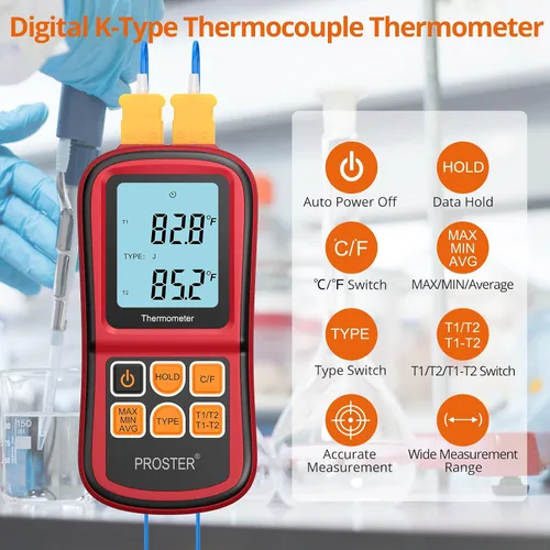 Vista 2 de Proster tester medidor de temperatura con retroiluminación LCD de dos canales con termómetro y termopar digital para clase K/J/T/E/R/S/N, con dos