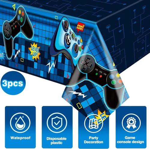 Vista 3 de Mantel rectangular de videojuegos, 3 piezas de plástico PE azul desechable, 54 x 108 pulgadas, para decoración de fiesta de cumpleaños de niños