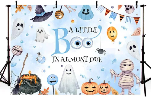 Vista 2 de MEHOFOND Telón de fondo de Halloween de 7 x 5 pies con texto en inglés "A Little Boo is Almost Due Pumpkin Photography Background Blue Watercolor