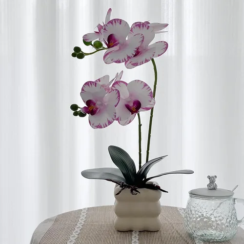 Vista 16 de Orquídeas artificiales Floreros de plata, orquídeas artificiales, orquídea naranja, altura 20 pulgadas