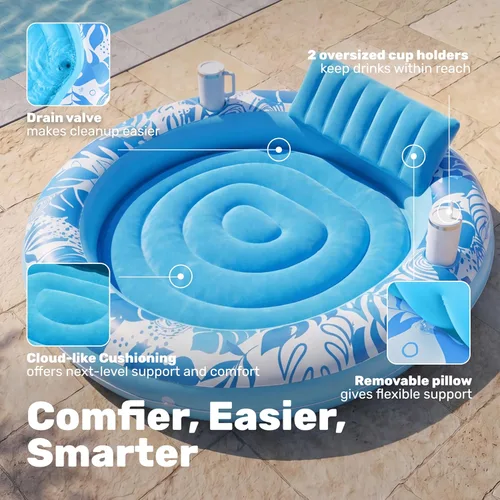 Vista 4 de SLOOSH Flotador inflable para piscina de bronceado, flotadores de piscina de 72 x 56 pulgadas para adultos con almohada, flotador redondo 4 en 1