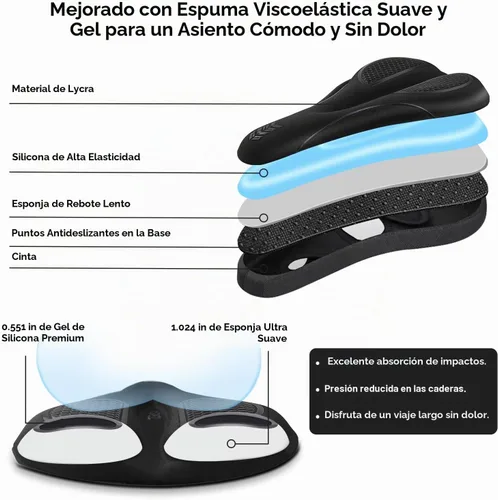 Vista 2 de Cojín de asiento de bicicleta – Funda de asiento de bicicleta de gel acolchada para hombres y mujeres, cómodo sillín de bicicleta suave compatible