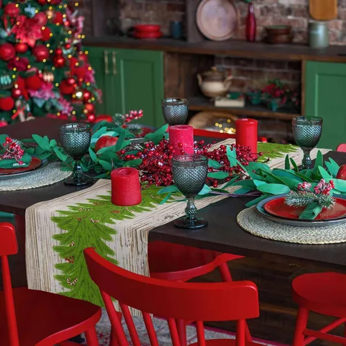 Vista 6 de Camino de mesa con guirnalda de Navidad, algodón y lino, para decoración de Navidad, bufanda larga de 48 pulgadas, para vacaciones, invierno
