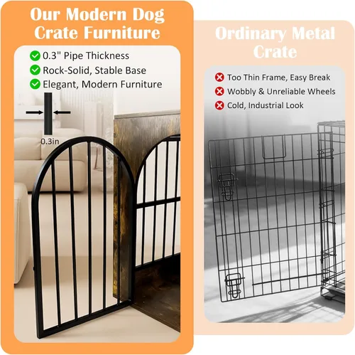 Vista 4 de Mueble de jaula para perros pequeños y medianos, perrera de metal de madera resistente para interiores con cuencos, jaula decorativa para mascotas