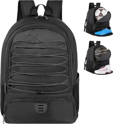 Vista 8 de Mochila de baloncesto para hombres y mujeres con compartimento para pelota y zapatos, capacidad de 30L, ligera y transpirable, mochila de fútbol