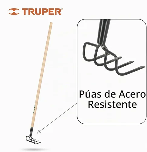 Vista 3 de Truper GreenBuilt Cultivador soldado de 4 dientes, mango de madera dura encerada de alta calidad, herramienta de aireación y deshierbe de alta