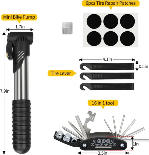 Vista 2 de Kit de reparación de bicicletas, kit de herramientas de reparación de neumáticos de bicicleta, incluye bomba de neumáticos de bicicleta