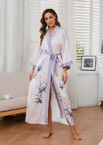 Vista 3 de Bata de baño larga de seda para mujer, ropa de dormir con estampado floral, bata de boda, camisón de satén para dama de honor