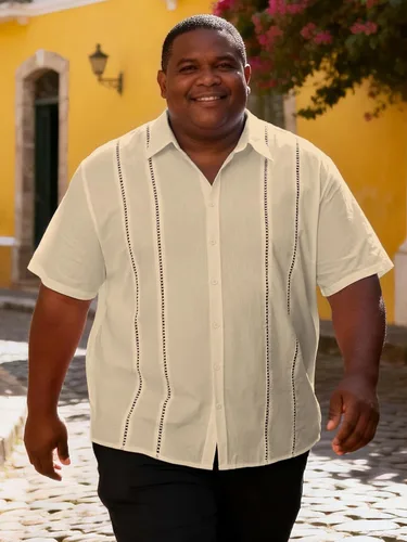 Vista 2 de Camisa guayabera grande y alta para hombre, camisa de vestir cubana de manga corta con botones para verano para la oficina y la playa