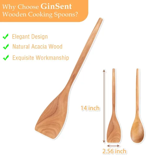 Vista 2 de GinSent 2 cucharas de madera para cocinar, cucharas de madera de 14 pulgadas para cocinar, cucharas de madera de agarre cómodo, utensilios de cocina