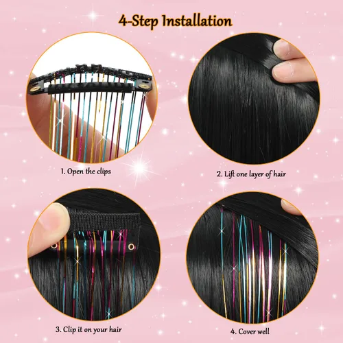 Vista 6 de Kit de oropel de cabello con clip, 23.6 pulgadas, oropel dorado resistente al calor, extensiones de cabello de hada con clip, accesorios