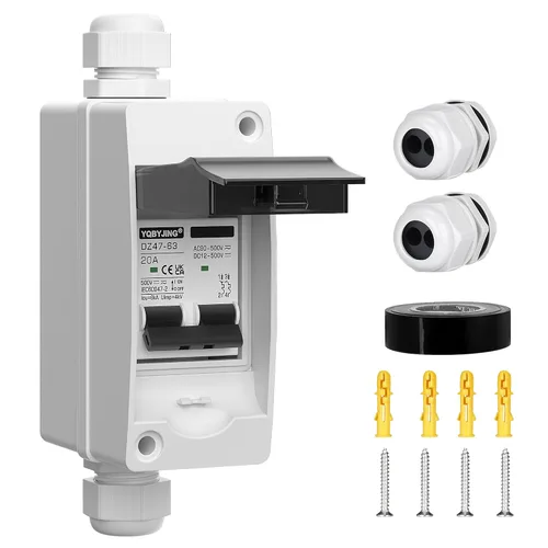 Vista 39 de Interruptor de desconexión de panel solar, disyuntor miniatura de 20 amperios CC CA, 500 V, 2 polos con conector fotovoltaico y caja impermeable
