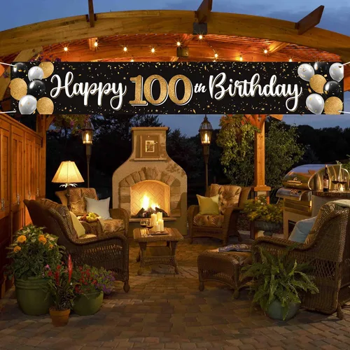 Vista 4 de Decoración de feliz cumpleaños número 100, globo negro y dorado número 100, cartel grande de telón de fondo de cumpleaños, decoración de fiesta