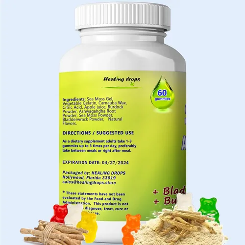 Vista 6 de Gomitas de musgo marino Ashwagandha con raíz de bardana Bladderwrack, dieta alcalina keto vegana sin OMG, sin lácteos y gluten, por Healing Drops
