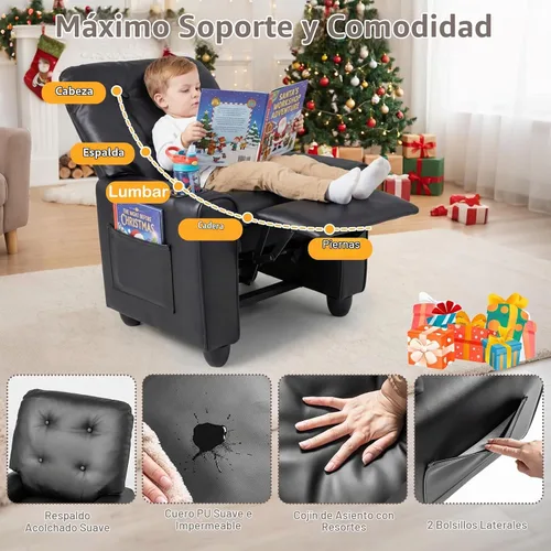 Vista 5 de Costzon Niños reclinable, PU cuero bebé bebé empujar hacia atrás sofá Negro