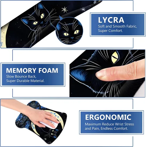 Vista 4 de AIMSA Alfombrilla de mouse con reposamuñecas, juego de alfombrillas de mouse con soporte de muñeca de gato negro, alfombrilla ergonómica con base