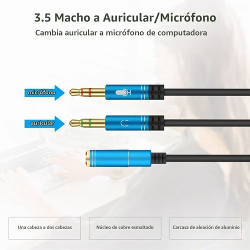 Vista 4 de Divisor de auriculares para computadora de 0.138 in hembra a 2 auriculares dobles de 0.138 in macho micrófono de audio y cable divisor en Y Negro