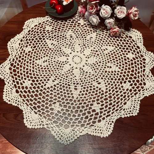Vista 7 de Damanni Mantel de encaje hecho a mano de algodón hecho a mano, redondo, beige, 12 pulgadas
