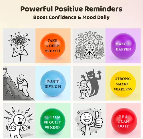 Vista 2 de LovesTown 18 bolas motivacionales para aliviar el estrés, juguetes para apretar, espuma colorida de 2 pulgadas con quetos positivos para niños