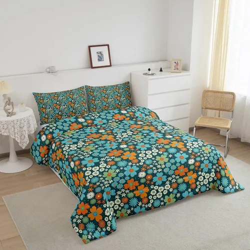 Vista 3 de Juego de ropa de cama floral retro, tamaño individual, vintage de los años 70 y 60, juego de edredón para niños, adultos y adolescentes, juego