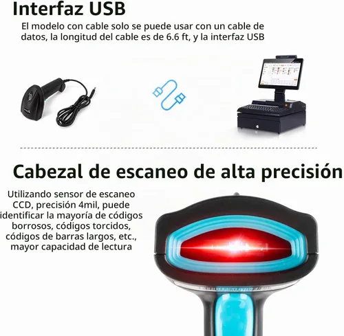 Vista 3 de Escáner de código de barras USB 1D con cable CCD, lector de código de barras compatible con pantalla, escáneres de código de barras para tienda