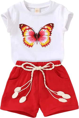 Vista 9 de YOUNGER TREE - Conjunto de ropa para bebés y niñas, camiseta de sandía y pantalones cortos de lino con cinturón, conjunto de verano lindo Abeja feliz