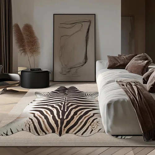Vista 5 de jinchan Alfombra de Área con Estampado de Cebra, Piel de Vaca Sintética, Diseño de Animales, Tapete de Gamuza Sintética, Alfombra de Acento Safari