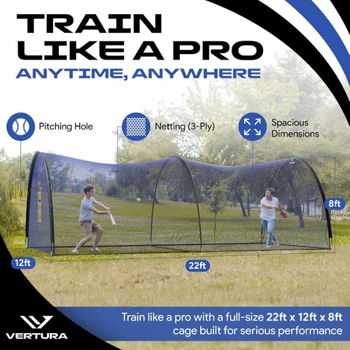 Vista 2 de Jaula de Bateo Portátil de 22 pies x 12 pies x 8 pies para Béisbol y Sóftbol – Jaula de Golpeo Fácil de Instalar con Agujero para Máquina