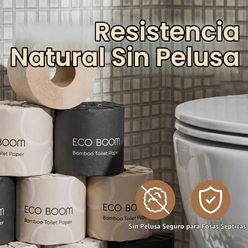Vista 6 de ECO BOOM Papel higiénico de bambú sin blanquear, 100% libre de deforestación y sin plástico, 3 capas resistentes, certificado FSC, sin fragancia, 9