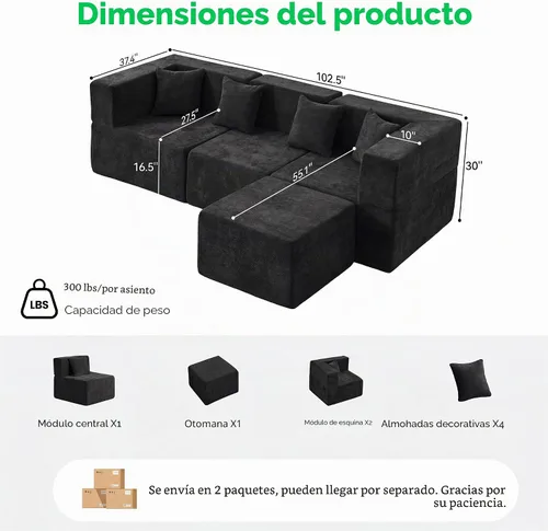 Vista 3 de MONVANE Sofás seccionales deshuesados de gran tamaño de 103 pulgadas para sala de estar, sofá de nube en forma de L de 4 asientos, sofá modular