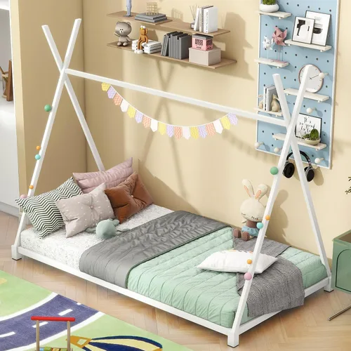 Vista 3 de SOFTSEA Cama de casa con marco de cama de piso doble con estructura triangular Blanco