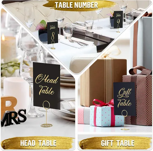 Vista 6 de Números de mesa negros del 1 al 30 con letras doradas y 30 soportes dorados para números de mesa