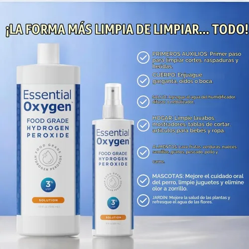 Vista 2 de Essential Oxygen, Peróxido de hidrógeno de grado alimenticio, 8 + 32 onzas líquidas, limpiador natural, 3%, spray de 1 a 8 onzas líquidas y 1