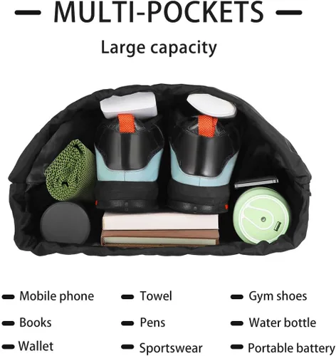 Vista 6 de Mochila deportiva ligera con cordón, mochila multiusos para viajes, para mujeres, hombres, gimnasio, deportes, yoga, Negro -, Mochilas Daypack