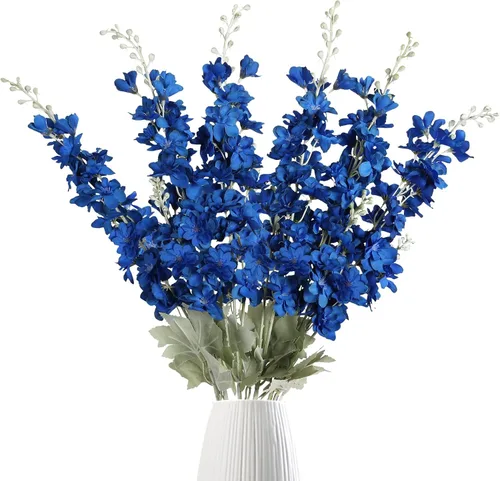 Vista 8 de IPOPU Flores Falsas Delphinium de 33.5 pulgadas, Flores Artificiales de Seda, 6 Piezas Azul Claro Larkspur Flores Artificiales de Tallo Largo
