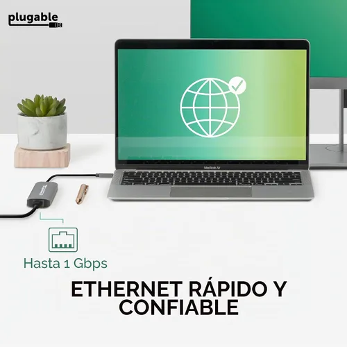 Vista 5 de Plugable Adaptador multipuerto USB C 7 en 1 sin controlador con Ethernet, HDMI 4K60Hz, carga de paso de 100 W, 2 USB 3.0, SD/microSD, para USB-C