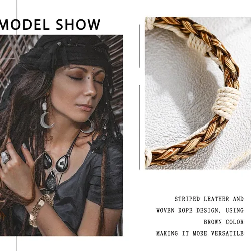 Vista 4 de Pulsera tejida de cuero para hombres y mujeres, pulseras vintage bohemias, pulsera trenzada ajustable hecha a mano para vacaciones, Talla única