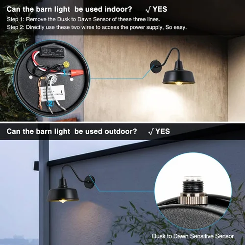 Vista 4 de Luz de Granero con Cuello de Ganso para Exteriores - Aplique de Pared Exterior para Casa de Campo, Sensor de Anochecer a Amanecer, Puerta Principal