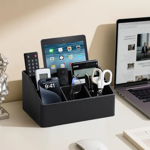 Vista 3 de Organizador de escritorio de piel PU, lujoso soporte para control remoto para accesorios de escritorio de oficina en casa, organizador de cajón