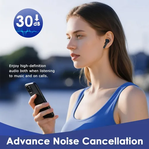 Vista 5 de Auriculares inalámbricos, auriculares Bluetooth 5.3 con reducción de ruido ENC/ANC, pantalla LED de potencia, control táctil, resistentes al agua