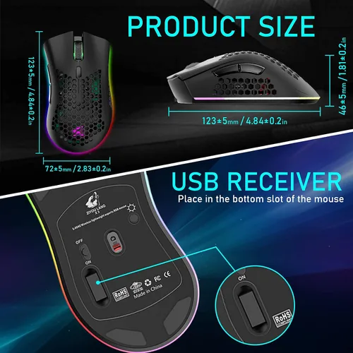 Vista 7 de Ratón inalámbrico ligero para juegos con 7 botones, retroiluminación RGB múltiple, carcasa ergonómica perforada, sensor óptico ajustable, DPI