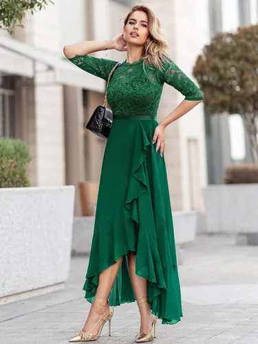 Vista 3 de Vestido largo de dama de honor con vuelos de encaje y cuello en V para mujer de MIUSOL