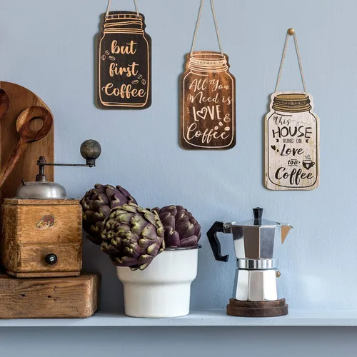 Vista 2 de Jetec - Letrero de pared de madera para barra de café, 4 piezas, decoración colgante de tarro de masón, clásico Rustic Farmhouse Plaque with
