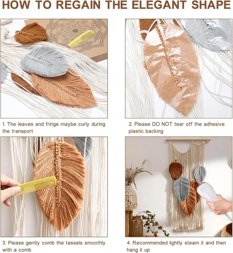 Vista 5 de Tapiz de hojas de macramé para decoración de pared, tapices tejidos bohemios, arte de pared de hojas de otoño, grandes borlas bohemias, adorno