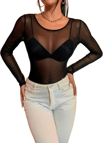 Vista 3 de Verdusa Body de malla transparente de manga larga con cuello redondo para mujer