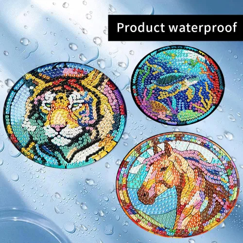 Vista 7 de Meothan Juego de 8 posavasos de arte de diamante para adultos con soporte, almohadillas de corcho, posavasos de arte de puntos de diamante de vidrio