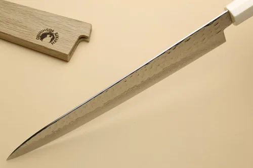 Vista 5 de Yoshihiro VG10 46 Capas Damasco Martillado Sujihiki Cuchillo Rebanador Japonés (9.5" (240mm) Mango de Palisandro) Mango de palisandro con cojín