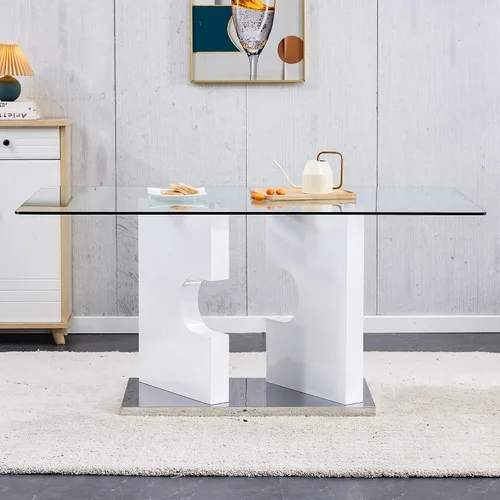Vista 6 de Mesa de comedor moderna de cristal, mesa de cocina rectangular de 63 pulgadas para 4-6 personas, mesa de comedor de vidrio templado de 0.39 pulgadas