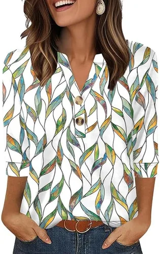 Vista 32 de OFEEFAN - Camisetas de manga 3/4 estilo Henley para mujer, blusas de moda de otoño 2025, atuendos escolares para maestras Raya